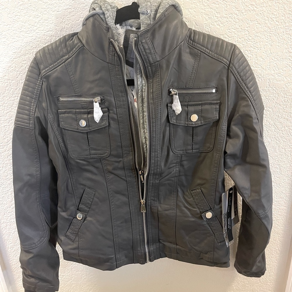 YMI Womens Faux Leather Jacket Size Small With Removable Hoodie Gray